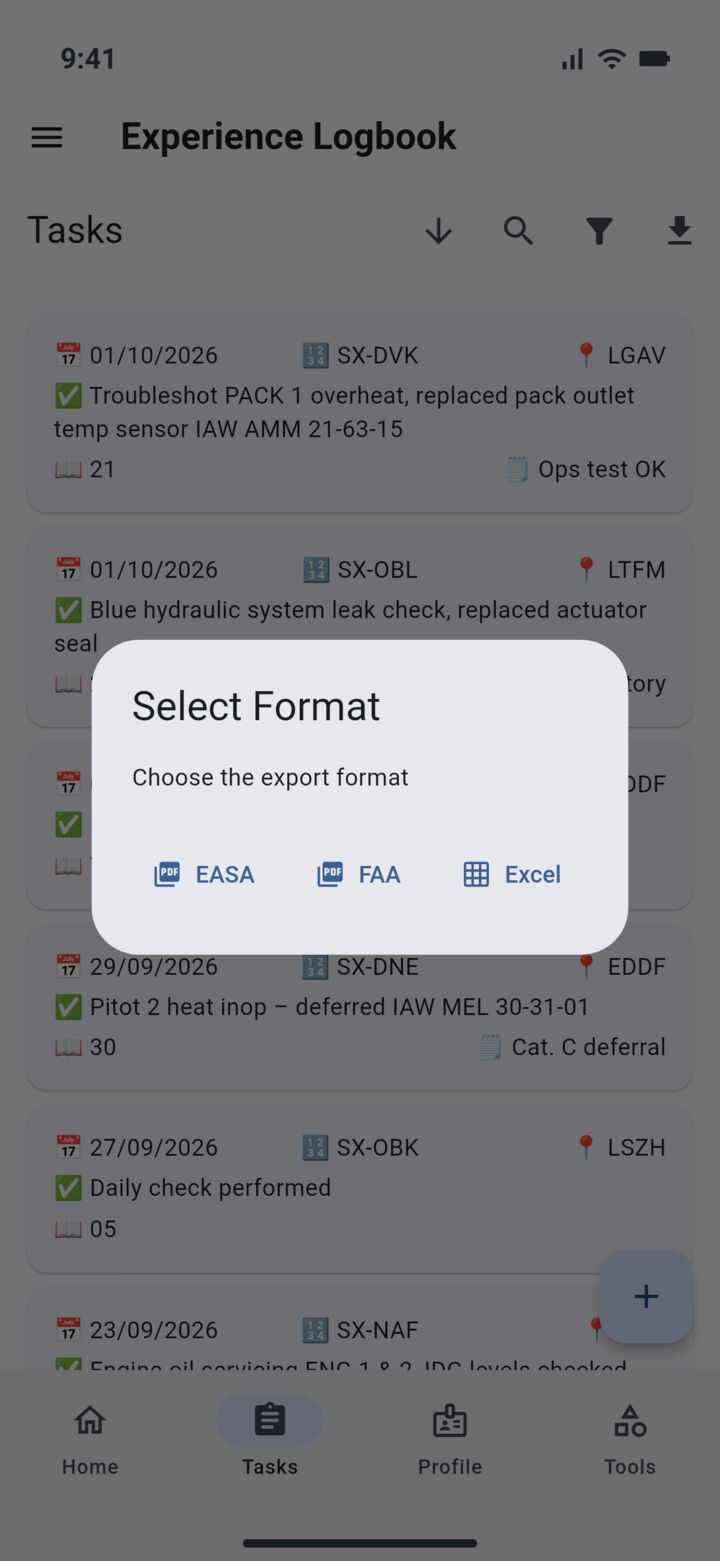 Select format dialog offering EASA, FAA and Excel export