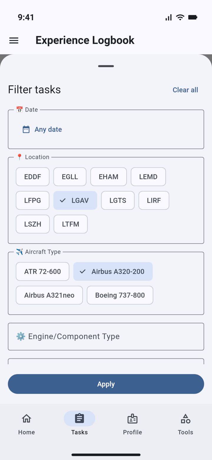 Filter sheet with date range, location and aircraft type chips selected