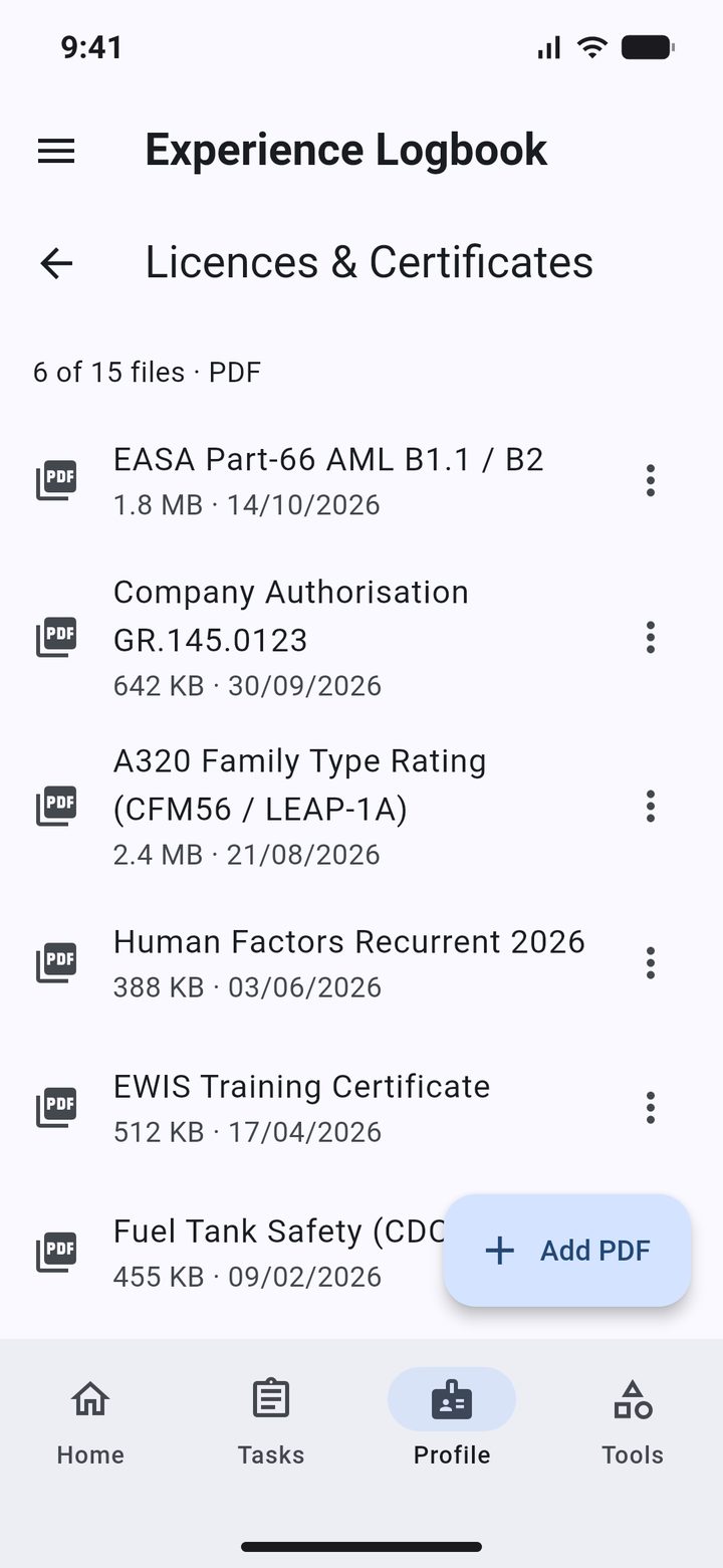 Licences and certificates list with a Part-66 licence, company authorisation and training certificates saved as PDFs