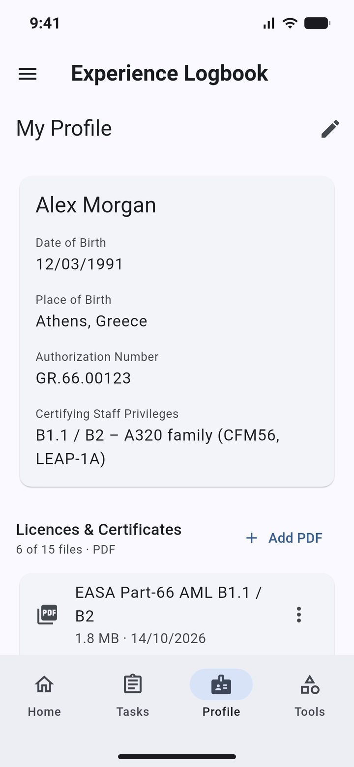 Profile screen with name, date of birth, authorization number, privileges and saved licences and certificates
